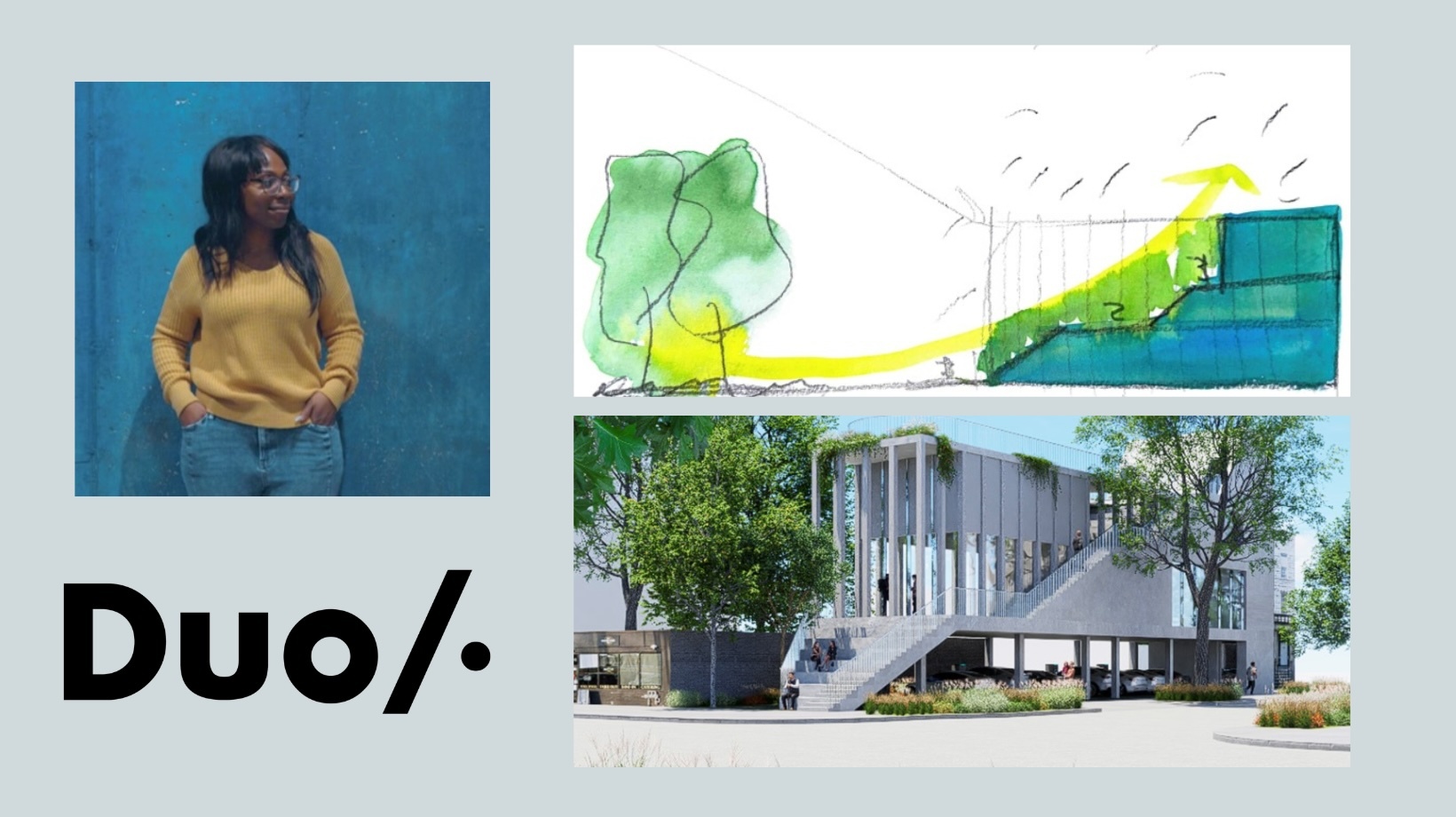 Three images. left image is a person looking to their side standing with their hands in their pockets. Second top image is a sketch of a building. The third image below the sketch is a full rendering of a building.